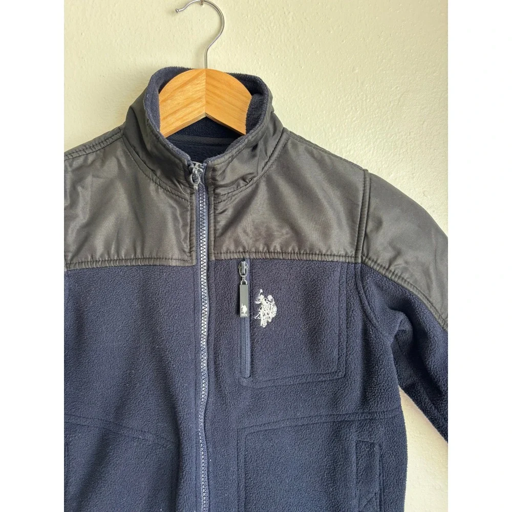 US Polo Assn Boys Navy Blue Fleece Mixed Media Zip Up‎ Jacket Size 5/6